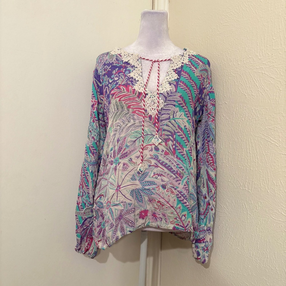 TAJ Sabrina Crippa Silk Purple Blue Tropical Floral Crochet Beaded Tunic Top L